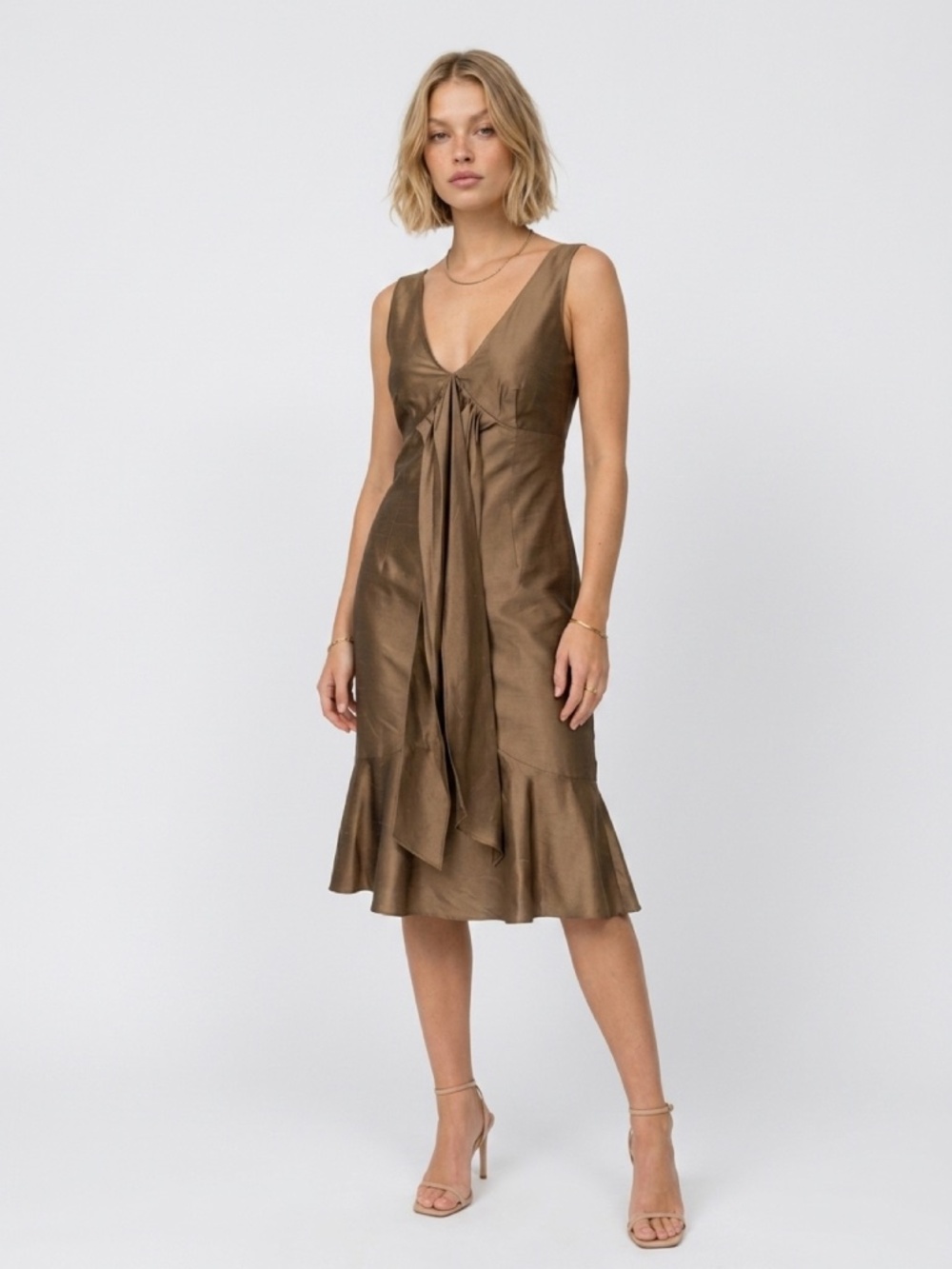 Max Mara Women Bronze 100% Silk V-Neck Sleeveless Draped Midi Dress Size 6 Italy